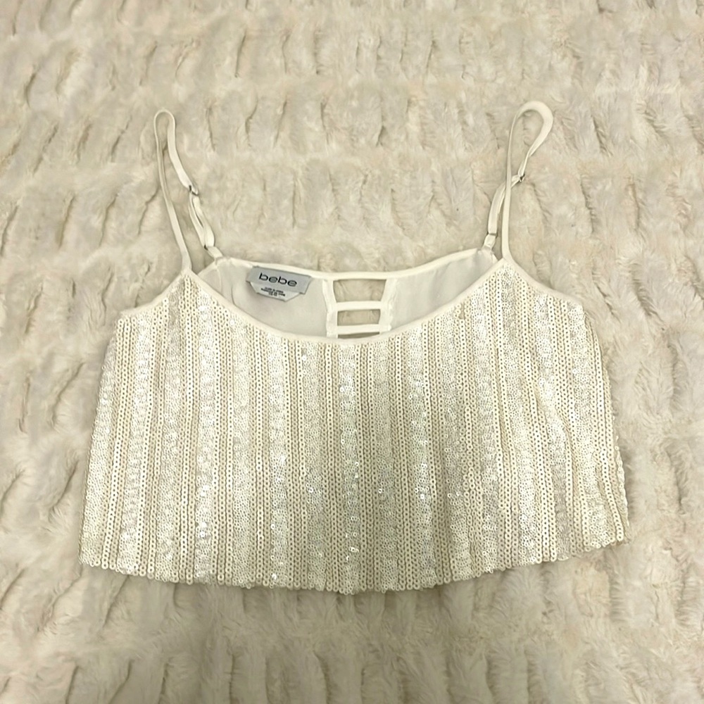 Bebe white sequin crop top
